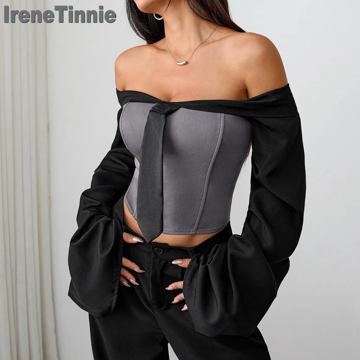 

IRENE TINNIE Sexy Bare Shoulder Long Sleeve Corset Zipper Vest Women Fashion Crop Tops Aesthetic Clothes Slim Tie Bones Tank Top