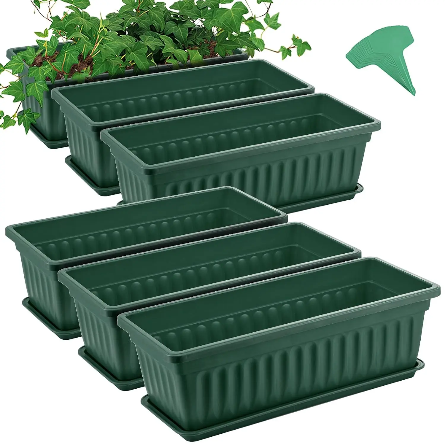 6 Packs 17 Inches Green Flower Window Box Plastic Vegetable Planters Long Pots with 15 Pcs Plant Labels for Outdoor, Customized