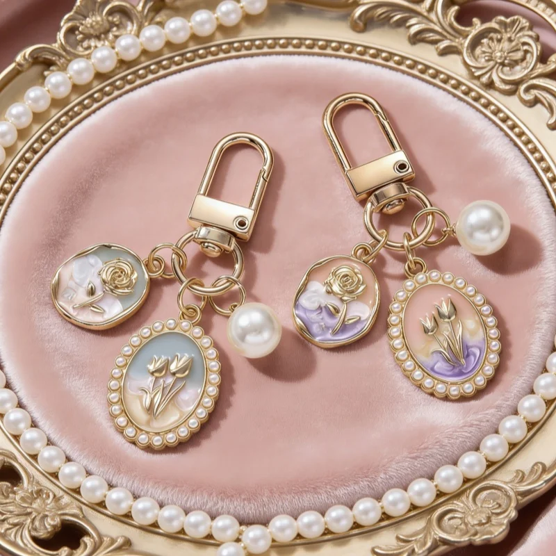 Handgefertigter Schmuck, hübscher Tulpen-Perlen-Emaille-Schlüsselanhänger – schöner Blumen-Pflanzen-Schlüsselanhänger als Geschenk für Frauen und Mädchen mit Taschendekoration