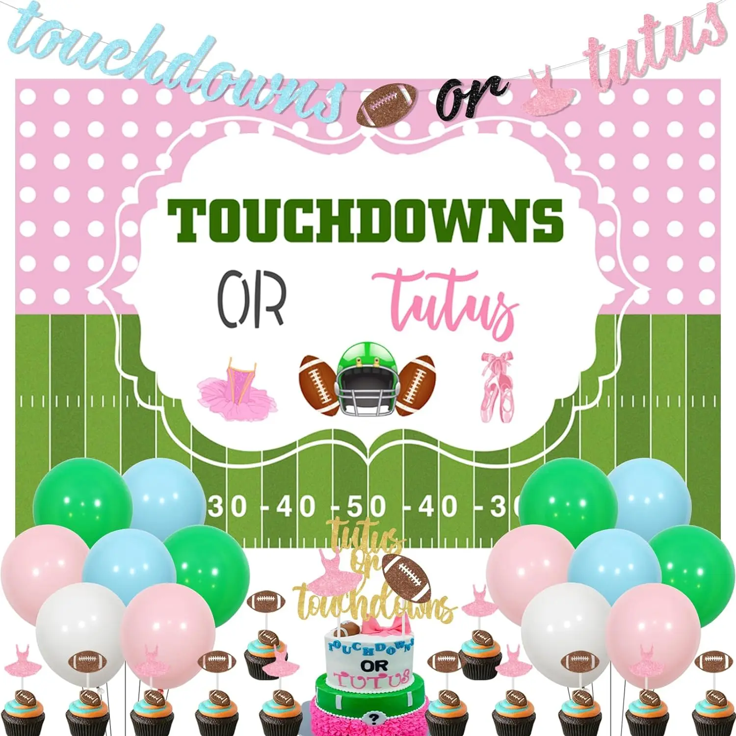 

Tutus or Touchdowns Gender Reveal Decor Backdrop Banner Cake Topper Boy or Girl Baby Shower Neutral Party