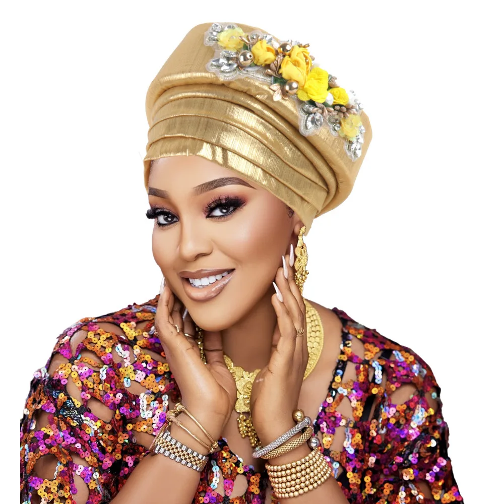 

African Women's Turban Cap Diamond Flower Nigeria Auto Gele Headtie Already Made Wedding Geles Female Head Wraps Hat Party Mujer