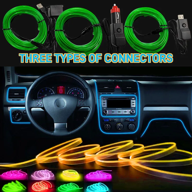 1/3/5M Car Interior Ambient Lights Dashboard Console DIY Flexible Neon Atmosphere Decorative Lamp LED EL Cold Light Strips