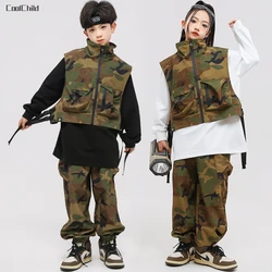 Boys Streetwear Girls Hip Hop Camouflage Vest Cargo Pants Children Military Jazz Clothes Sets Kids Street Dance Costumes Outfits