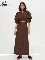 Oymimi-Ensemble 2 Pièces en Lin Marron pour Femme, Tenue Élégante à Manches sulf, Haut à Lacets avec Jupe Longue Taille Haute