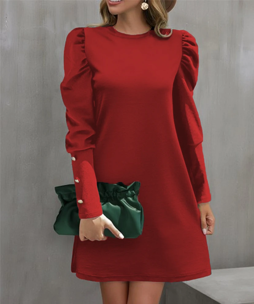 2024 European and American Cross-Border Women\'s Clothing Amazon Autumn and Winter New Pure Color Round Neck Puff Sleeve Button L