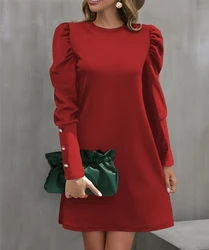 2024 European and American Cross-Border Women's Clothing Amazon Autumn and Winter New Pure Color Round Neck Puff Sleeve Button L