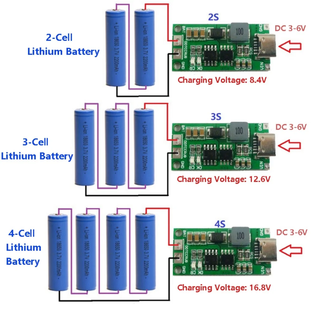 Multi-Cell 2S 3S 4S Type-C To 8.4V 12.6V 16.8V Step-Up Boost LiPo Polymer Li-Ion Charger 7.4V 11.1V 14.8V 18650 Lithium Battery