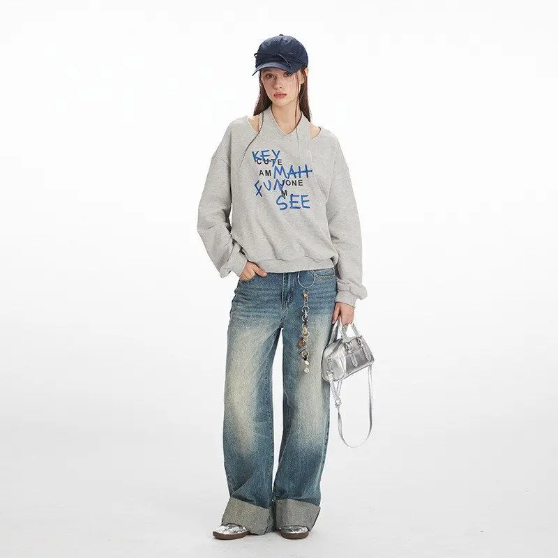 เสื้อสเวตเชิ้ตโอเวอร์ไซส์ผู้หญิง HeyHenry American Sle ดีไซน์แบบไม่มีปก แฟชั่นฤดูใบไม้ร่วง สไตล์ลำลอง แขนยาว ชุดสาวเปรี้ยว