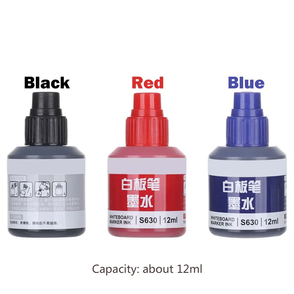 12ml Refill Ink Erasable Whiteboard Marker Pen Inks Black Red Blue 3 Colors Instantly Dry Office Supplies