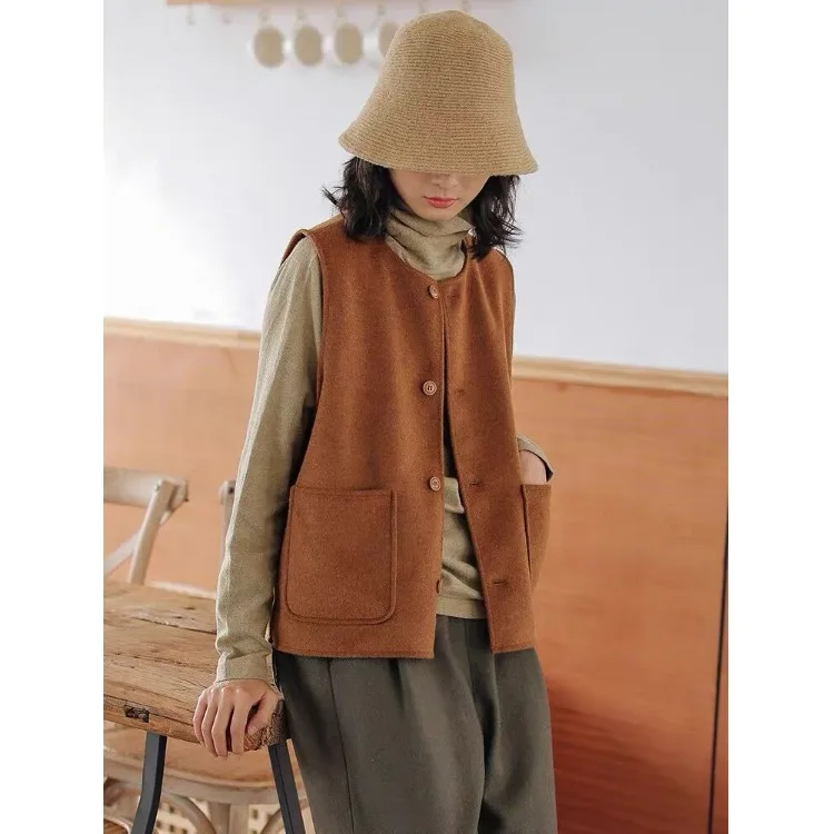 

Autumn New Women's Woolen Suit Vest Loose Outerwear Coat Outlet Store Faionable round Ne Single Button Closure Color