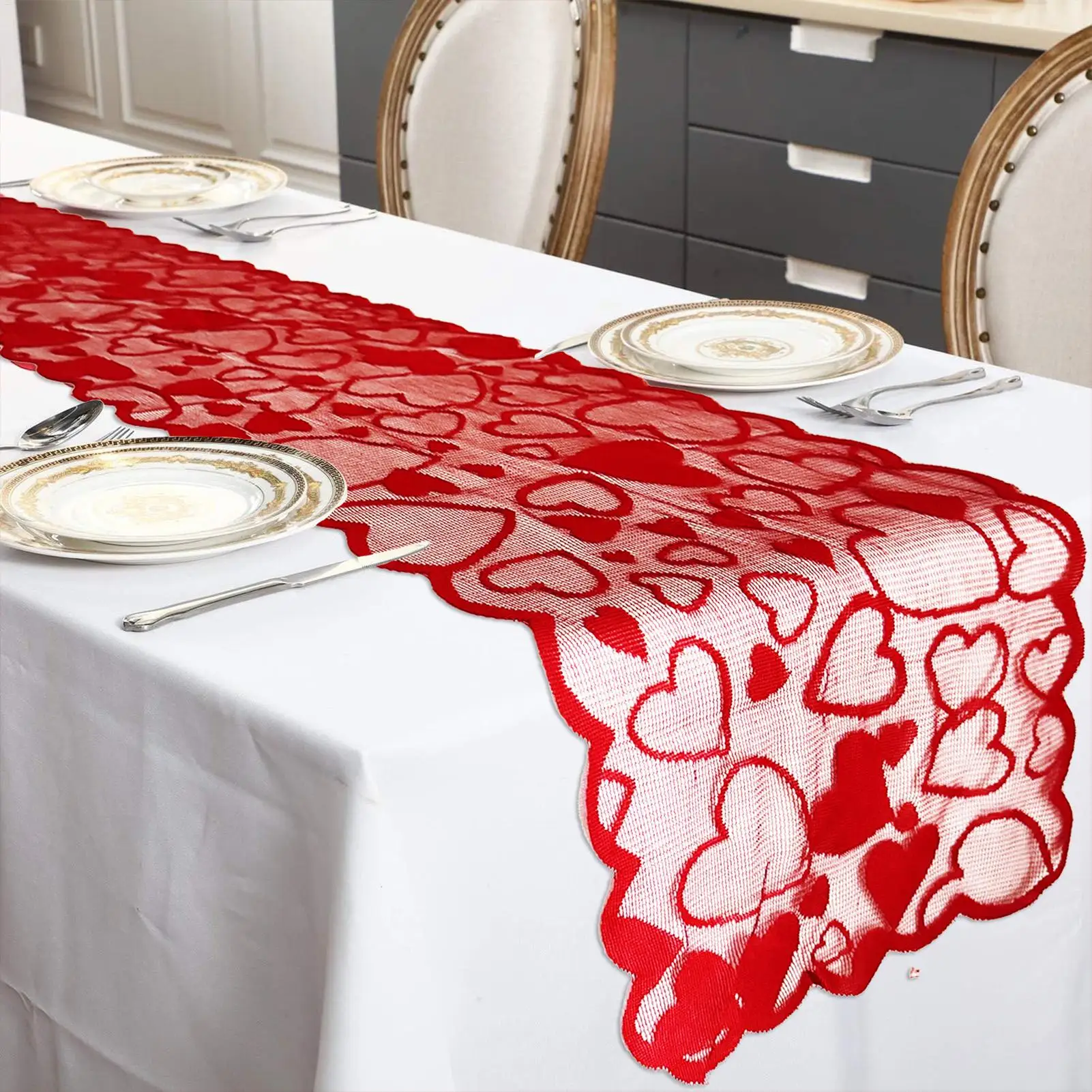 Valentines Table Runner Red Lace Love Heart Valentine's Day Dining Decorations Romantic Party Table Runner for Holiday Parties