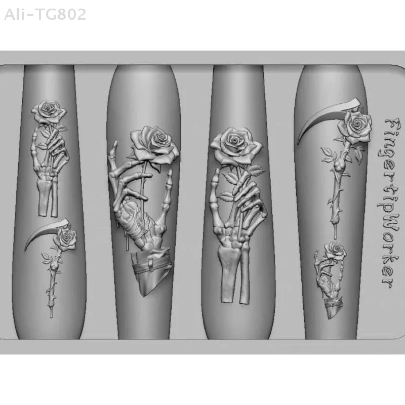 Rosenblüten-Totenkopf Silikon-Nagelkunstformen DIY Transparente Schnitzform Skelett-Hand-Design Nagelkunst-Dekorationen