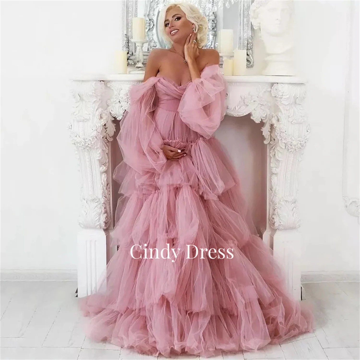 

Cindy Pregnant Woman Pink Multi-layer Puff Sleeves Sweetheart Special Occasion Dresses for Formal Occasions Gala Dress Prom Gown