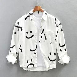 White Smiley Print Shirts for Men Long Sleeve Casual Shirt 2023 New Pure Cotton Dress Shirt 40 Sticks