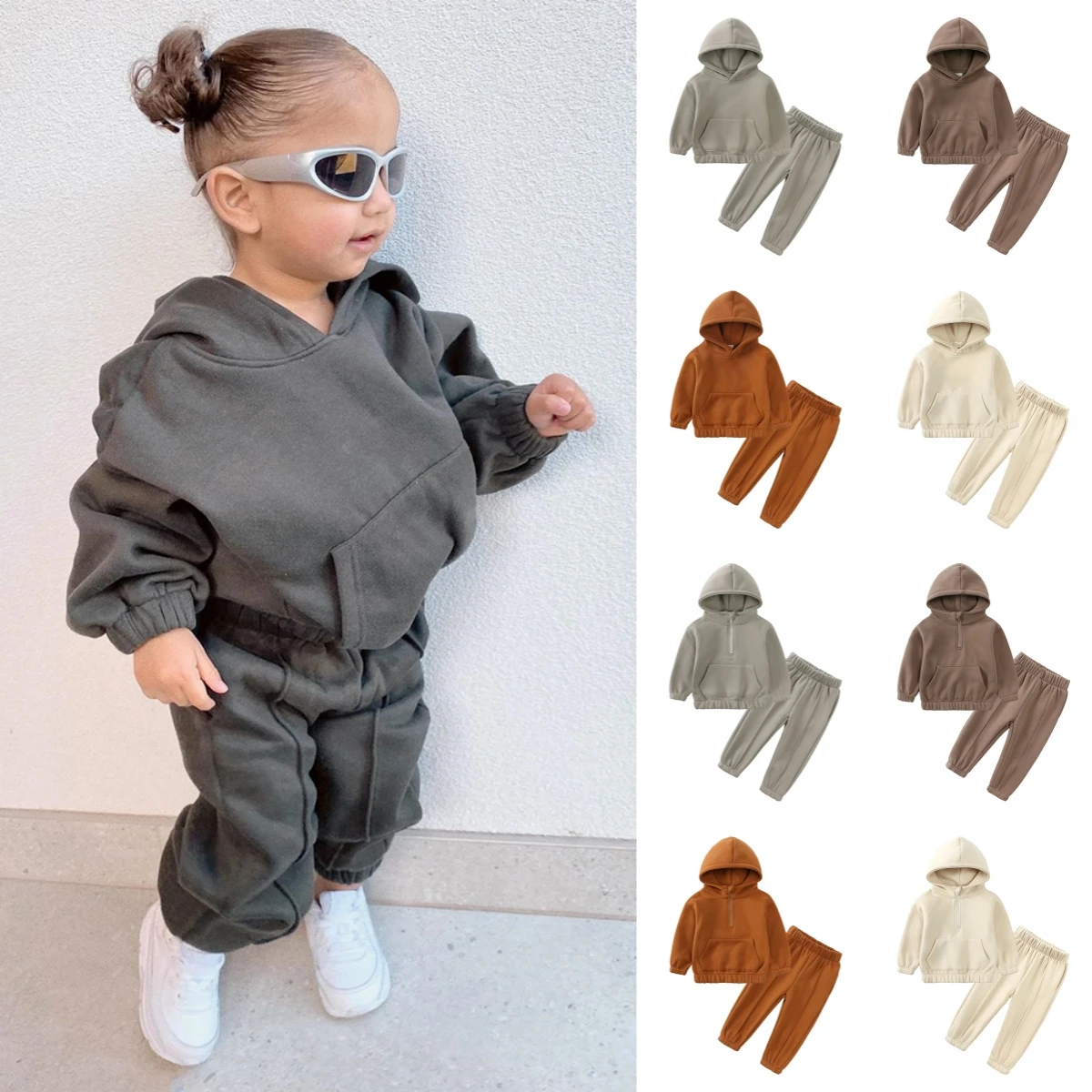 

Winter Kids Thicken Fleece Clothes Toddler Solid Cotton Hoodies Sweatshirt Pants Tracksuit Set Children Boy Girl Warm Outfits