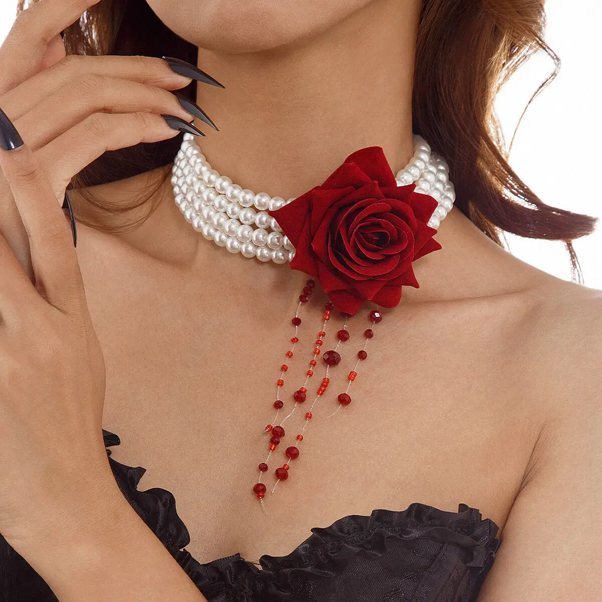 KunJoe New Gothic Black Red Crystal Tassels Chain Halloween Large Rose Flower Necklace Women Multi Layer Imitation Pearl Choker