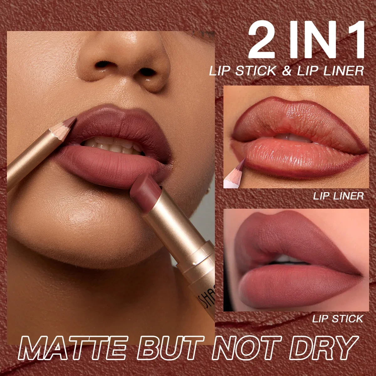 USHAS Matte 2 in 1 Rossetto Liscio Lip Liner Set Tazza antiaderente non appiccicosa impermeabile a lunga durata Altamente pigmentato Facile da applicare