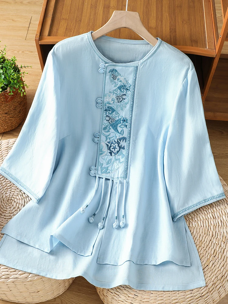 

Chinese Ethnic Style Summer Cotton Linen Shirt Large Size Women's Retro Embroidery Five-Quarter Sleeve Casual Fashion Top