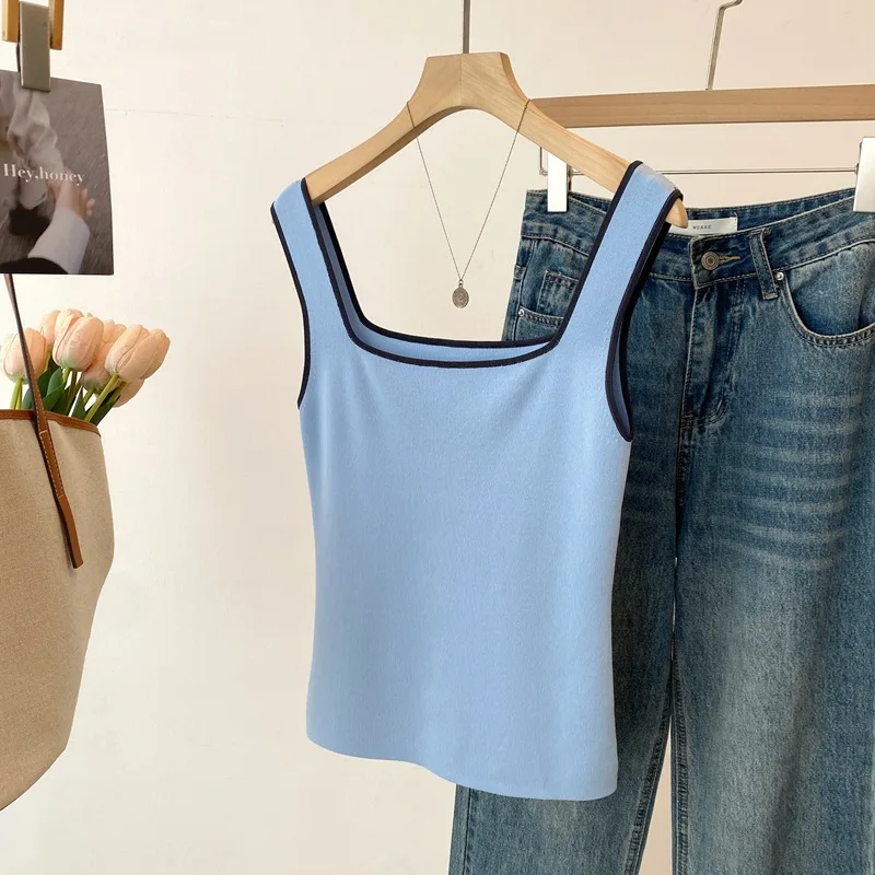 

Dave&di Summer New Product French Retro U-neck Knitted Small Tank Top For Women Color Blocked Versatile Strap