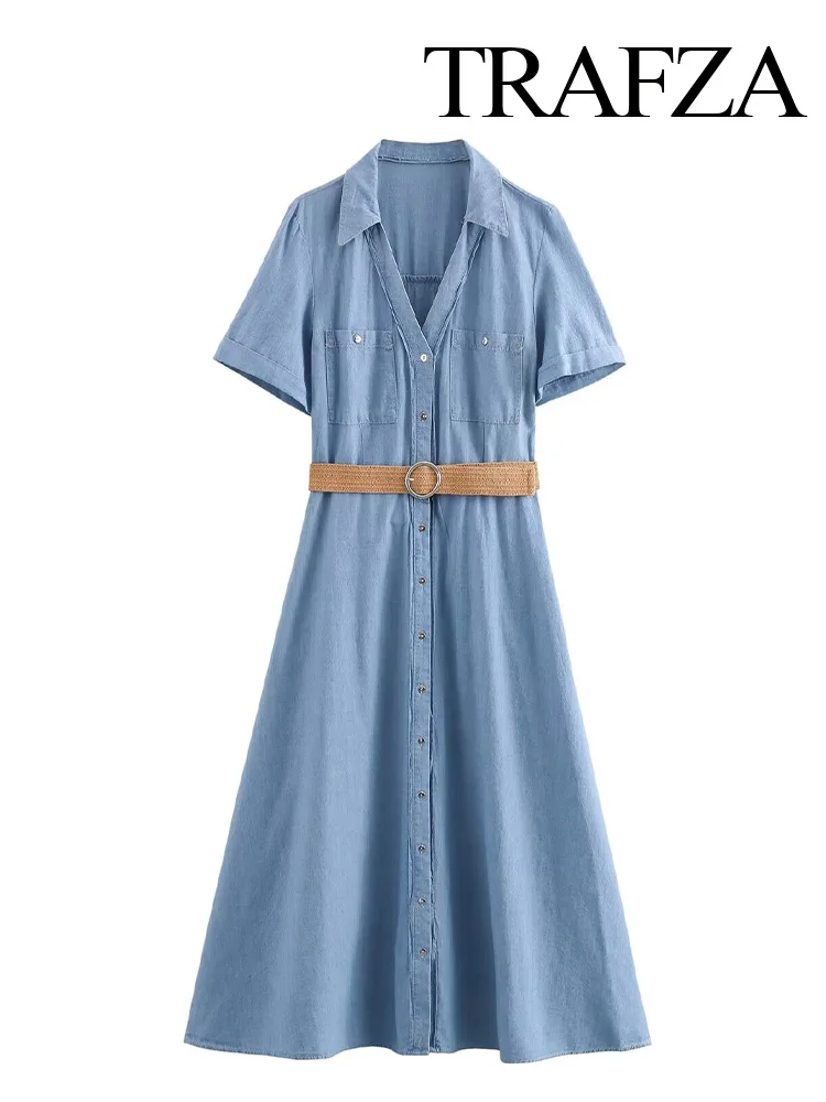 

TRAFZA Women Summer Fashion Solid Lapel Ankle Belted Midi Shirt Dress Female Vocation Turn Down Collar Short Sleeve Long Dress