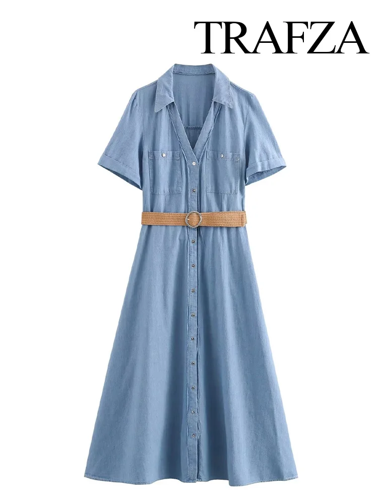 

TRAFZA Women Summer Fashion Blue Lapel Ankle Belted Midi Shirt Dress Female Vocation Turn Down Collar Short Sleeve Long Dress