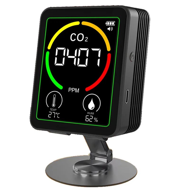 Y14A 3 In 1 Air Quality Monitor With Stand CO2 Temperature Humidity Tester CO2 Detector Carbon Dioxide Detector Black