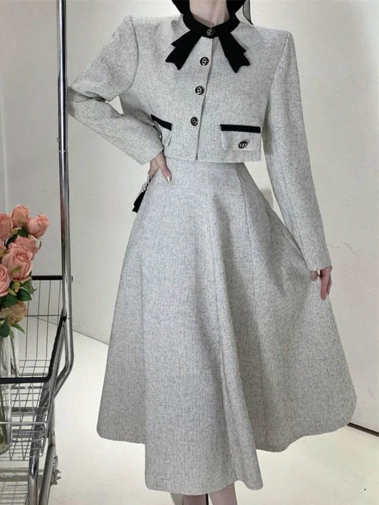 Korean Elegant Two Piece Set Women Autumn Chic Bow Coat Folds Midi Skirt Set Vintage Office Lady Fashion Party Skirt Suit Winter