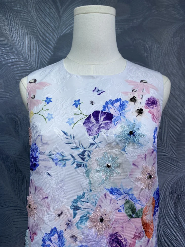 DLDENGHAN damska O-Neck bez rękawów diamenty frezowanie kwiaty drukuj kamizelka w stylu vintage sukienka moda wiosna nowość