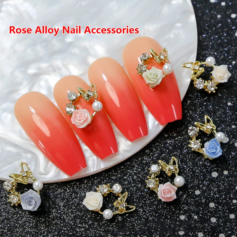 5Pcs Butterfly Wreath Rose Nail Diamond Alloy Girl Nail Charm Nail Art Decoration Accessorie Stereoscopic Nail Art Enthusiasts