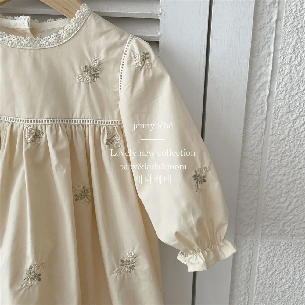 Vintage Floral Embroidery Baby Romper Spring Autumn Cozy Cotton Infant Bodysuit Princess Girls Family Sister Dress Outfits