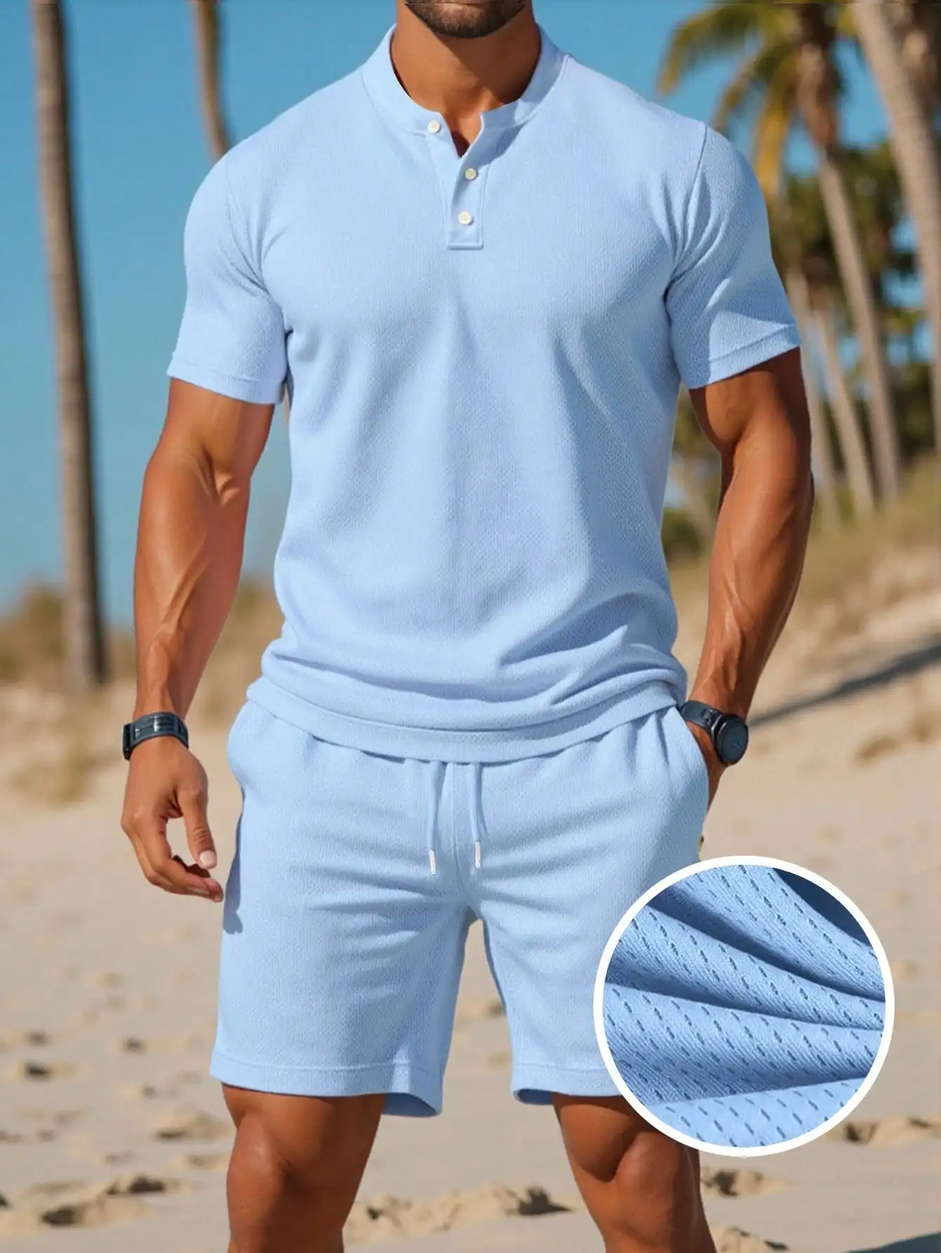 

Light Blue 2-Piece Men's Polo Shirt and Drawstring Shorts Set