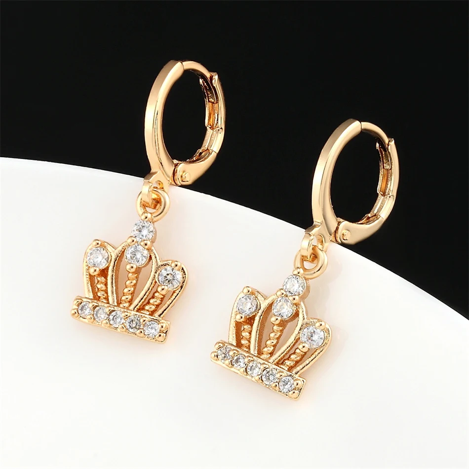 Luxury Queen Crown Drop Earrings Gold Color Crystal Zircon Dangle Earrings Metal Hoop Princess Wedding Jewelry Women Girl Gifts