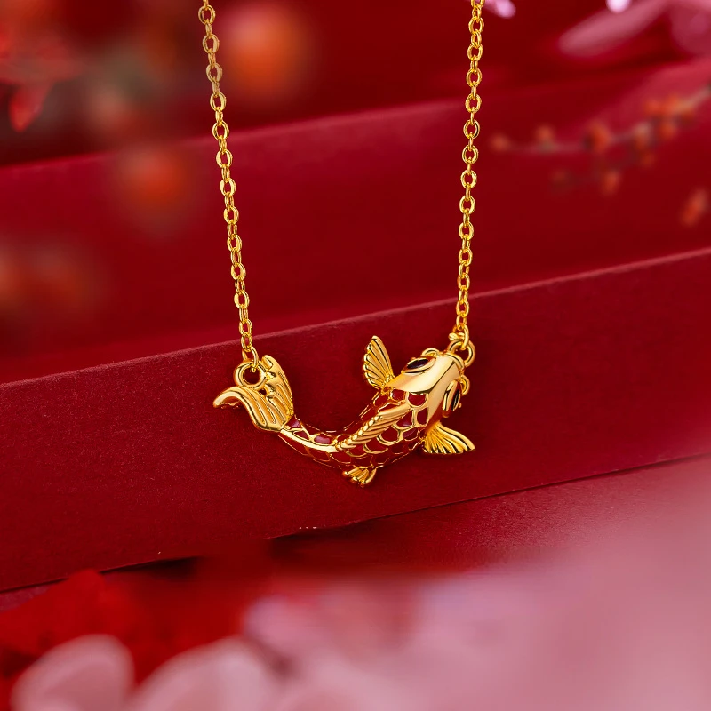 Pure 14K Yellow Gold Pendant Necklace Lucky Carp Pendant Real 18K Gold Chain for Women Fine Jewelry Christmas Gifts