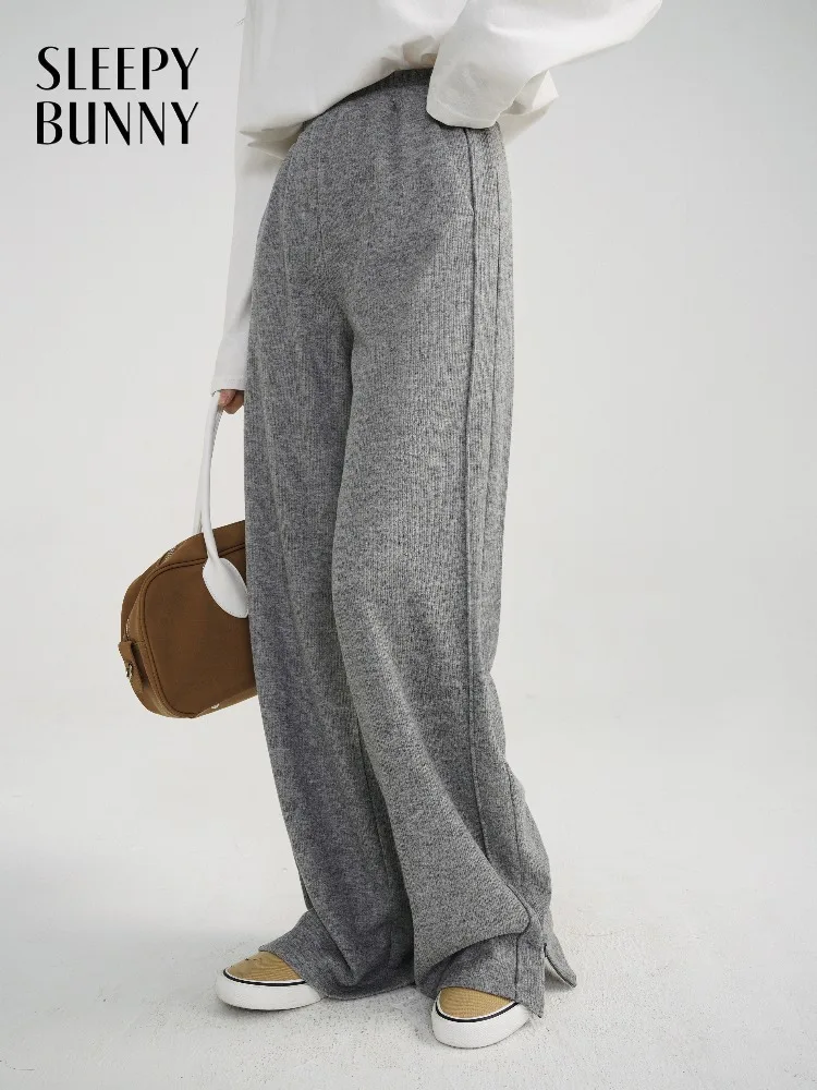 

High Waist Knit Wide Leg Pants for Women Loose Elastic Trousers Casual Slim Fit Straight Leg Lounge Pants for Winter Daily Wear