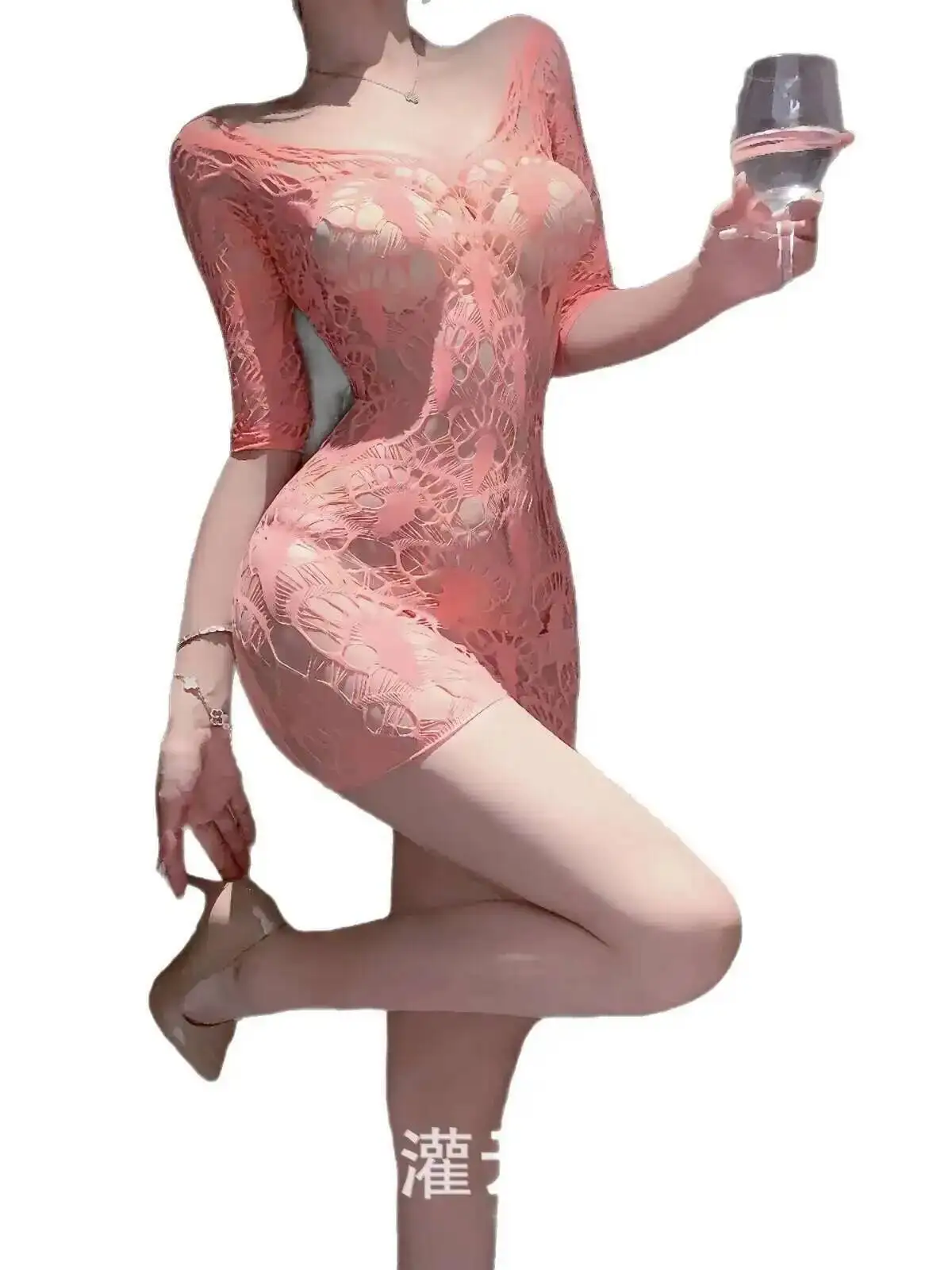 Sexy Roze Mid-Mouw Holle Sexy Open Kruis Jacquard Pure Desire Nachtkleding Visnet Jurk Elegante Mesh Kant Sheer zoete 5QYH