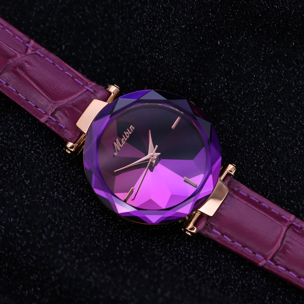 

Горячие фиолетовые женские часы, кварцевые часы, модные женские часы, браслет из натуральной кожи, подарок на день рождения для девочек