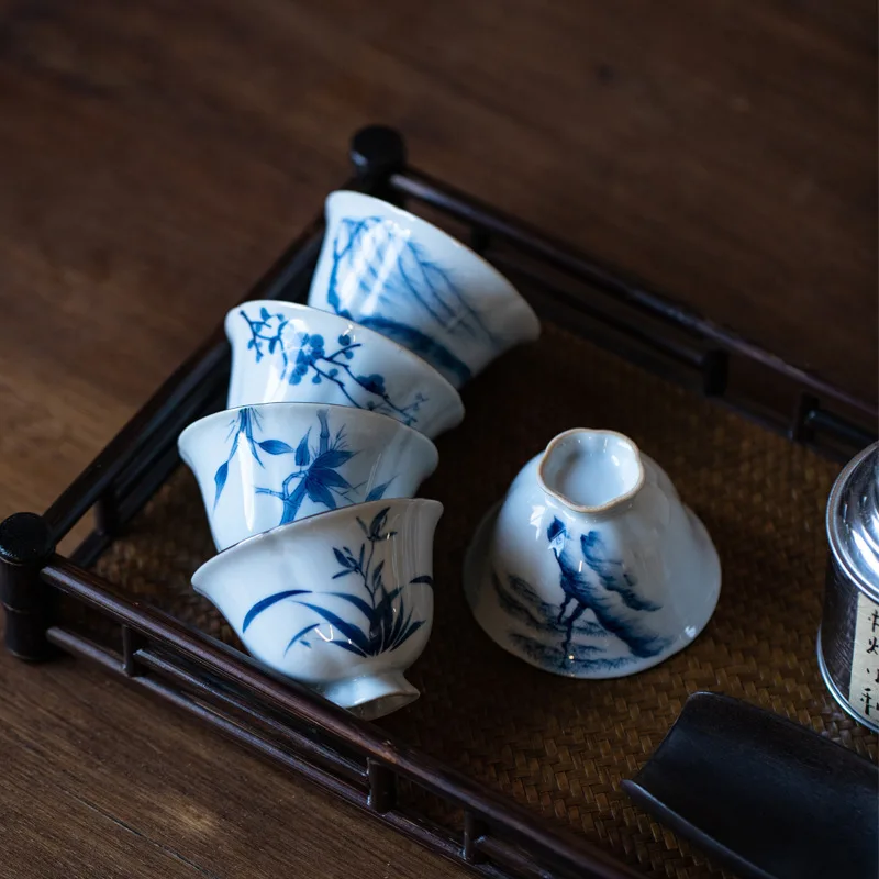 Hand Painted Plum Blossoms Orchids Bamboo and Chrysanthemum Scented Teacup Single Cup Tea Cup Ceramic Tea Savoring Cup Tea Bowl