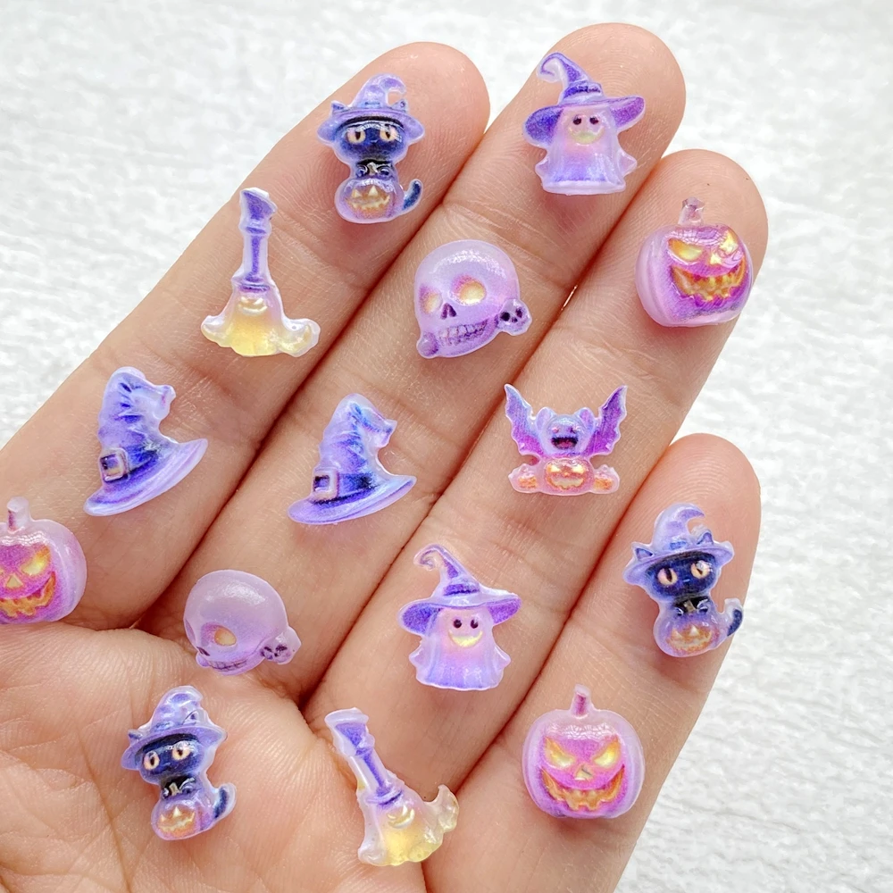 50pcs Purple Luminous Halloween 3D Resin Nail Charms Pumpkin Ghost Bat Nail Decorations
