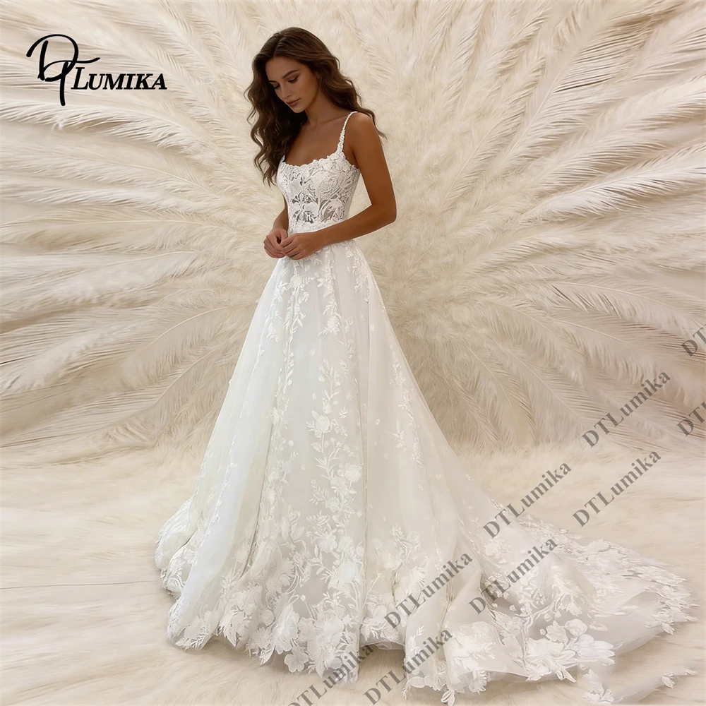 

Spaghetti Strap Lace A - Line Bride Dress, Tulle Bridal Gown with Floral Appliques Beach Wedding Dresses Customized Bridal Gown