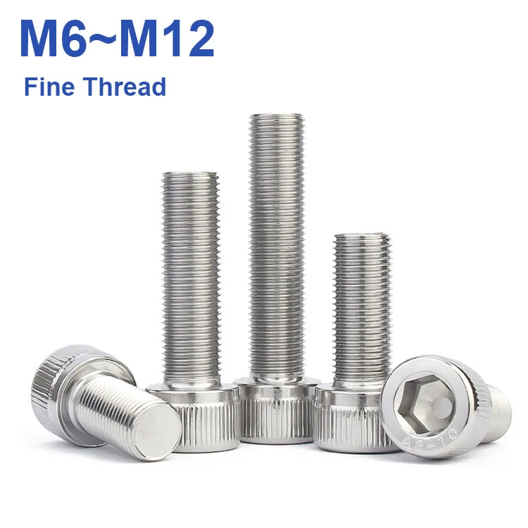 M6 M8 M10 M12 Fine Thread Hex Hexagon Socket Head Cap Screws 304 A2-70 Stainless Steel Allen Bolts Pitch 0.75/1.0/1.25/1.5mm