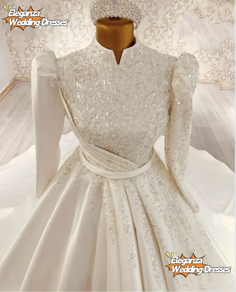 Vestidos De novia musulmanes modestos personalizados para mujer satén marfil lentejuelas rebordear una línea vestidos De novia De cuello alto Vestido De Noiva2025
