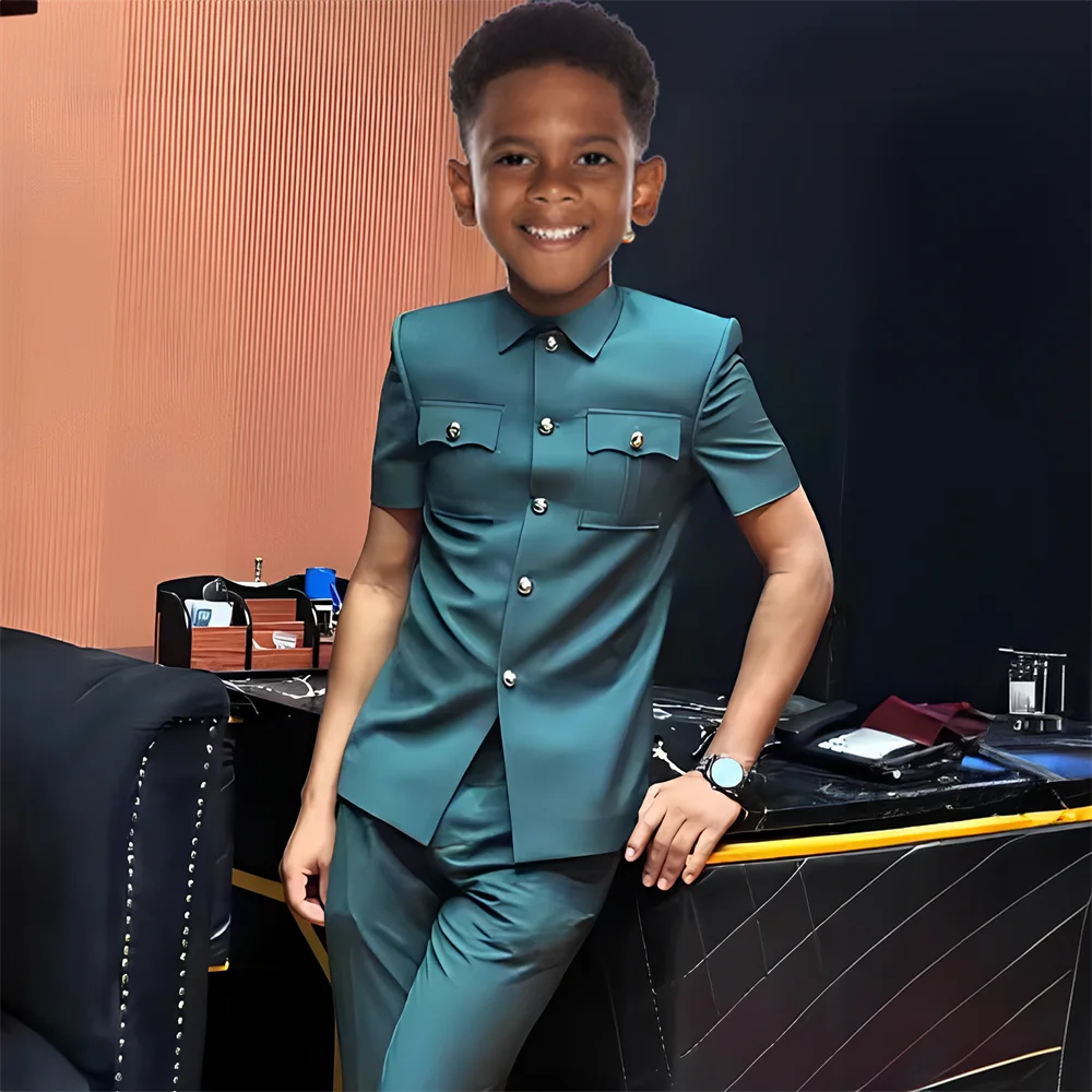 Stand Collar Oil Green Boy Suits Slim Fit 2 Pieces Blazer+Pants Formal Kids Wedding Tuxedos Costume Boy Mariage