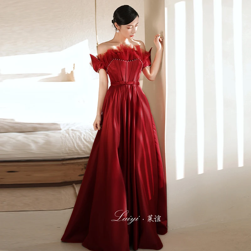 

Evening Dress Burgundy Satin Ruffles Short Sleeves Beading Pearl lace up Pleat A-line Floor Length Plus Women Party Dresses A993