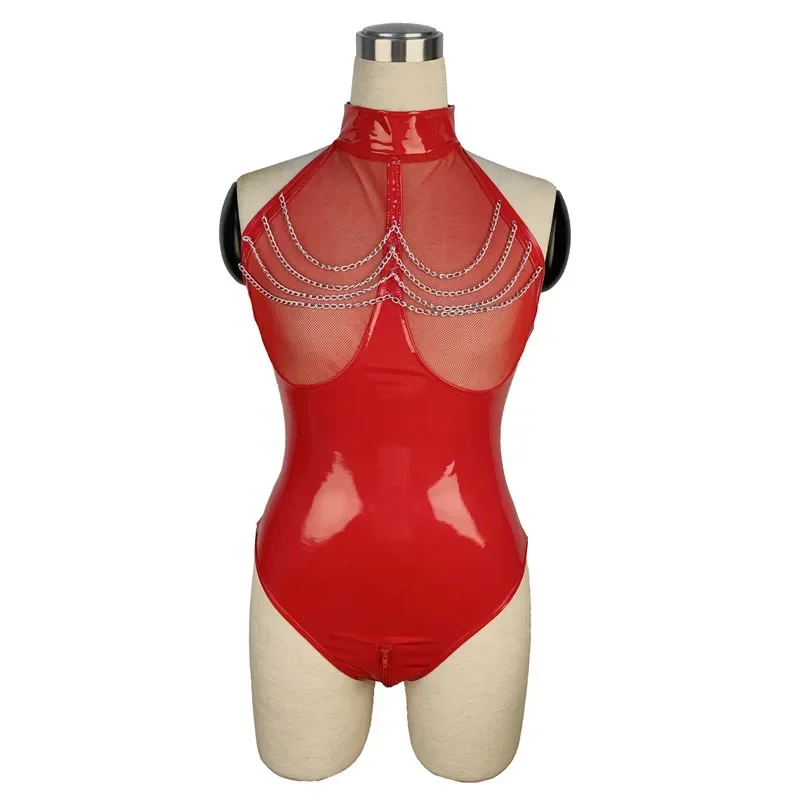 

Women Sexy Lingerie Faux Leather Bodysuit Female Look Catsuit Hollow Out Front Zipper Open Crotch Jumpsuit Club Wear
