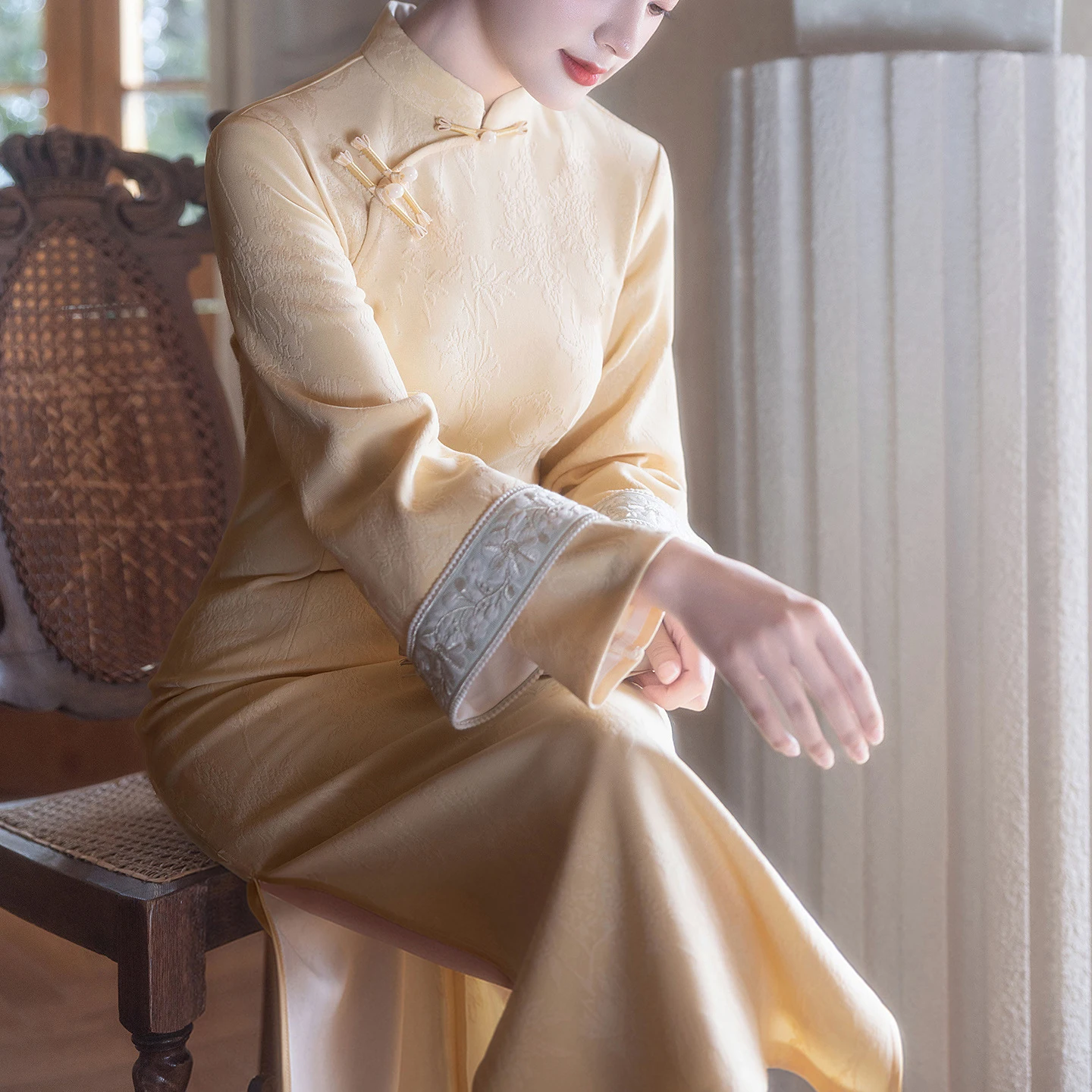 

Yellow Qipao New Chinese Style Improved Chesongam Women Autumn Winter Chesongams Long Vintage Vestidos Robe Gown Hanfu Dress