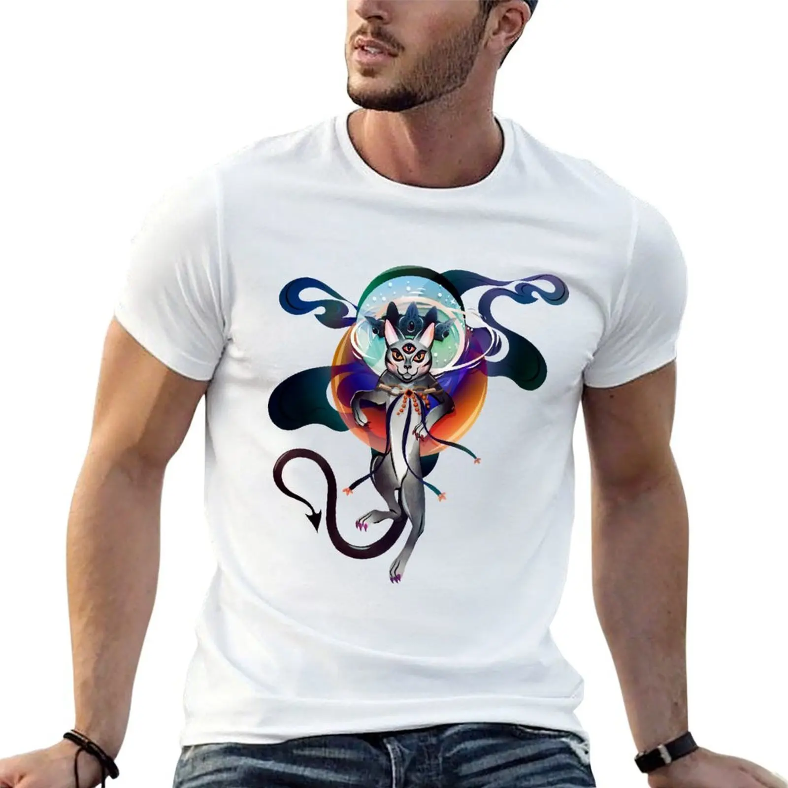 Ray, the King of Cats. Warlock by day, regal magic feline cat by night. T-Shirt Clothing blue archive mens white t shirts