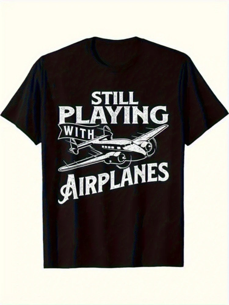 

Aviation Enthusiast-100% Cotton Vintage Airplane Design with Airplane Print&Pilot Cockpit Lettering casual men's T-shirt.
