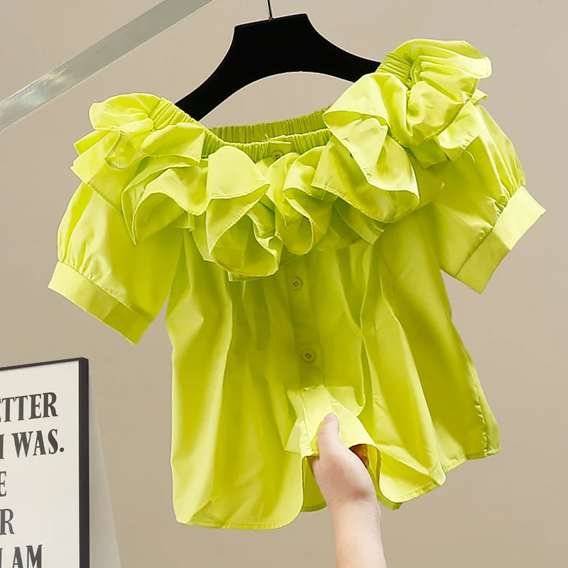 

Fashion Heavy Industry Ruffle Edge Decorative Elastic Waist Shirt, New Design Niche French Fashion Versatile Top, Green Blouse