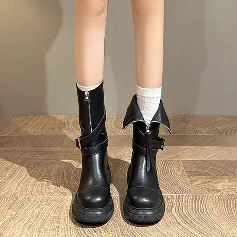 Platform Leather Round Toe Fleece-Lined Ladies Mid Calf Shoes Trend 2025 Cosplay New in Gothic Y2k Women's Half High Boots Sale