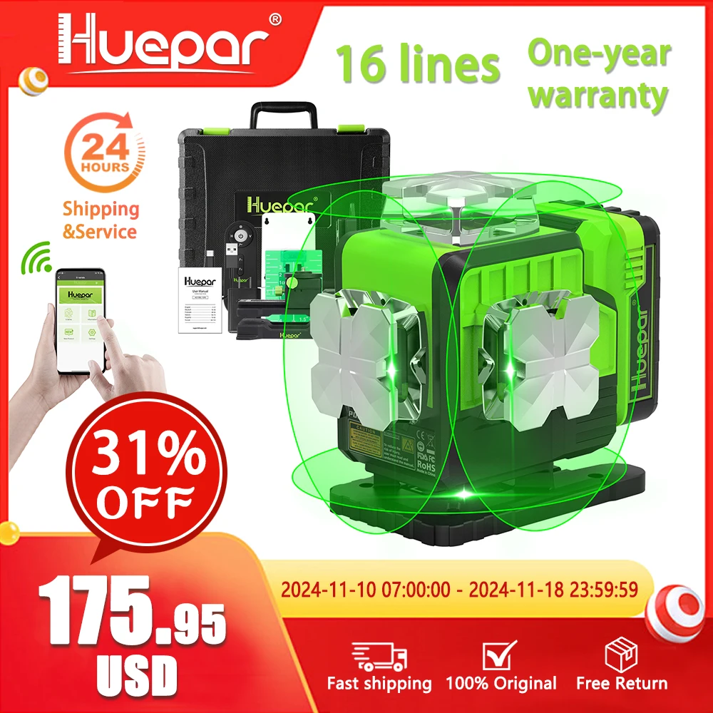 Huepar P04CG 16-liniowe przewody krzyżowe Osram Green Beam Bluetooth i funkcje zdalnego sterowania Poziomy laserowe 4D z twardym futerałem do